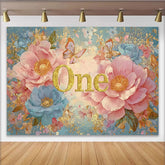 Lofaris Décor de photographie Premier anniversaire pivoine rose, ONE pailleté et fleurs bleues
