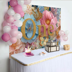 Lofaris Décor de photographie Premier anniversaire royal floral, ONE doré et papillon