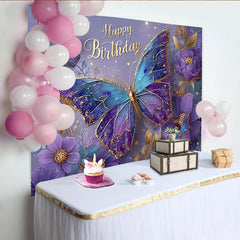Lofaris Décor de photographie Anniversaire papillons magiques bleu et violet, fleurs scintillantes