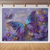 Lofaris Décor de photographie Anniversaire papillons magiques bleu et violet, fleurs scintillantes