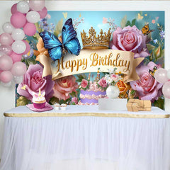 Lofaris Toile de fond anniversaire papillon bleu, fond couronne dorée florale, accessoire photo table gâteau princesse