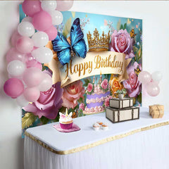 Lofaris Toile de fond anniversaire papillon bleu, fond couronne dorée florale, accessoire photo table gâteau princesse