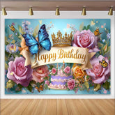 Lofaris Toile de fond anniversaire papillon bleu, fond couronne dorée florale, accessoire photo table gâteau princesse