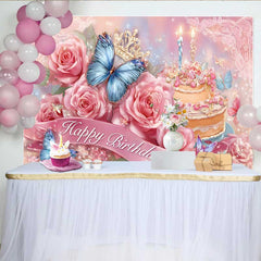 Lofaris Toile de fond anniversaire roses roses, fond gâteau papillon bleu, décoration fête princesse florale