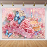 Lofaris Toile de fond anniversaire roses roses, fond gâteau papillon bleu, décoration fête princesse florale