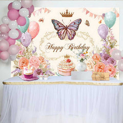Lofaris Toile de fond anniversaire floral vintage, fond papillon ballon pastel, accessoire table gâteau art croquis