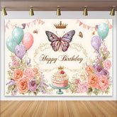 Lofaris Toile de fond anniversaire floral vintage, fond papillon ballon pastel, accessoire table gâteau art croquis