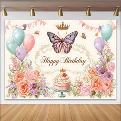 Lofaris Toile de fond anniversaire floral vintage, fond papillon ballon pastel, accessoire table gâteau art croquis