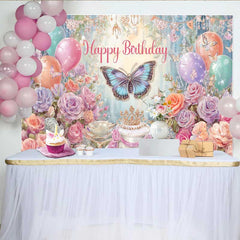 Lofaris Toile de fond anniversaire papillon rêveur, fond ballon floral pastel, accessoire table gâteau forêt magique