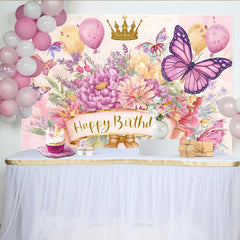 Lofaris Toile de fond anniversaire papillon aquarelle, fond couronne dorée florale rose, accessoire fête princesse fille