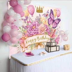 Lofaris Toile de fond anniversaire papillon aquarelle, fond couronne dorée florale rose, accessoire fête princesse fille