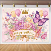 Lofaris Toile de fond anniversaire papillon aquarelle, fond couronne dorée florale rose, accessoire fête princesse fille