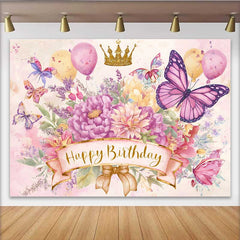 Lofaris Toile de fond anniversaire papillon aquarelle, fond couronne dorée florale rose, accessoire fête princesse fille