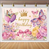 Lofaris Toile de fond anniversaire ballon cœur, fond couronne papillon aquarelle, accessoire photo fête fille douce