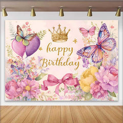 Lofaris Toile de fond anniversaire ballon cœur, fond couronne papillon aquarelle, accessoire photo fête fille douce
