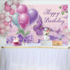 Lofaris Toile de fond anniversaire papillon violet, fond rose ballon élégant, accessoire photo fête Sweet 16 fille
