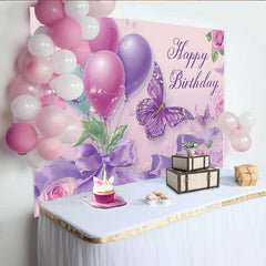 Lofaris Toile de fond anniversaire papillon violet, fond rose ballon élégant, accessoire photo fête Sweet 16 fille