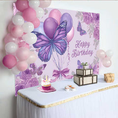 Lofaris Toile de fond anniversaire croquis violet, fond floral ballon papillon, accessoire fête art dessin vintage