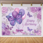 Lofaris Toile de fond anniversaire croquis violet, fond floral ballon papillon, accessoire fête art dessin vintage
