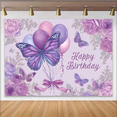 Lofaris Toile de fond anniversaire croquis violet, fond floral ballon papillon, accessoire fête art dessin vintage