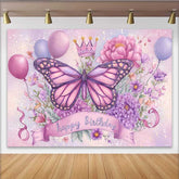 Lofaris Toile de fond anniversaire papillon scintillant, fond couronne florale rose violet, accessoire photo princesse magique