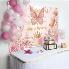 Lofaris Toile de fond papillon or rose, fond gâteau couronne luxe, accessoire fête anniversaire princesse royale