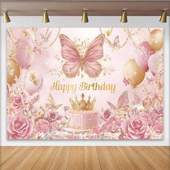 Lofaris Toile de fond papillon or rose, fond gâteau couronne luxe, accessoire fête anniversaire princesse royale