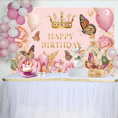 Lofaris Toile de fond anniversaire papillon floral rose vintage, fond fête princesse couronne dorée, accessoire table gâteau fille