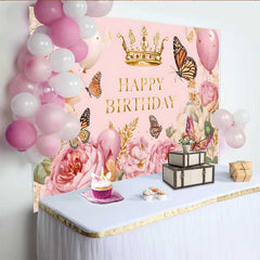 Lofaris Toile de fond anniversaire papillon floral rose vintage, fond fête princesse couronne dorée, accessoire table gâteau fille