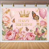 Lofaris Toile de fond anniversaire papillon floral rose vintage, fond fête princesse couronne dorée, accessoire table gâteau fille