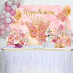 Lofaris Toile de fond anniversaire papillon rose et or, fond Cake Smash couronne princesse, décoration fête florale
