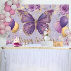 Lofaris Toile de fond anniversaire papillon violet et or, fond fête ballon floral, bannière table gâteau anniversaire fille