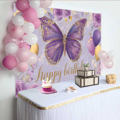 Lofaris Toile de fond anniversaire papillon violet et or, fond fête ballon floral, bannière table gâteau anniversaire fille