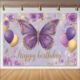 Lofaris Toile de fond anniversaire papillon violet et or, fond fête ballon floral, bannière table gâteau anniversaire fille