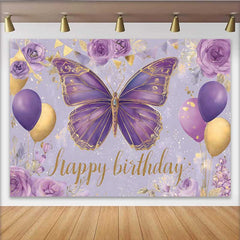 Lofaris Toile de fond anniversaire papillon violet et or, fond fête ballon floral, bannière table gâteau anniversaire fille