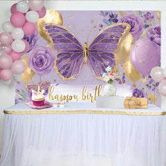Lofaris Toile de fond anniversaire papillon floral violet, fond fête ballon doré, accessoire photo Cake Smash fille