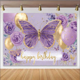 Lofaris Toile de fond anniversaire papillon floral violet, fond fête ballon doré, accessoire photo Cake Smash fille