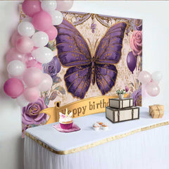 Lofaris Toile de fond anniversaire papillon violet vintage, fond fête bannière or floral, accessoire photo princesse fille