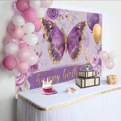 Lofaris Toile de fond anniversaire papillon violet et or, fond fête ballon floral, décoration table gâteau anniversaire fille
