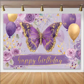 Lofaris Toile de fond anniversaire papillon violet et or, fond fête ballon floral, décoration table gâteau anniversaire fille
