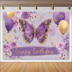 Lofaris Toile de fond anniversaire papillon violet et or, fond fête ballon floral, décoration table gâteau anniversaire fille