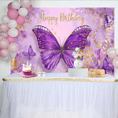 Lofaris Toile de fond anniversaire papillon bijoux violets, fond texte paillettes or floral, bannière fête princesse fille