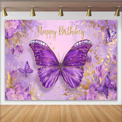 Lofaris Toile de fond anniversaire papillon bijoux violets, fond texte paillettes or floral, bannière fête princesse fille