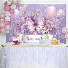 Lofaris Toile de fond anniversaire couronne papillon lavande, fond ballon bannière ruban, décoration fête princesse fille