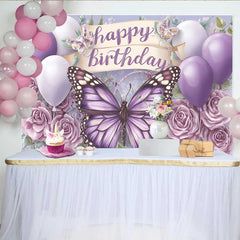 Lofaris Toile de fond anniversaire papillon monarque violet, fond bannière parchemin floral ballon, accessoire table gâteau fille