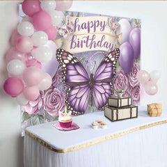 Lofaris Toile de fond anniversaire papillon monarque violet, fond bannière parchemin floral ballon, accessoire table gâteau fille