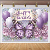 Lofaris Toile de fond anniversaire papillon monarque violet, fond bannière parchemin floral ballon, accessoire table gâteau fille