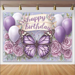 Lofaris Toile de fond anniversaire papillon monarque violet, fond bannière parchemin floral ballon, accessoire table gâteau fille