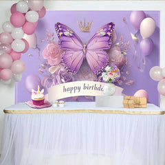 Lofaris Toile de fond anniversaire papillon violet style 3D, fond princesse ballon couronne, décoration table gâteau fille