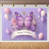 Lofaris Toile de fond anniversaire papillon violet style 3D, fond princesse ballon couronne, décoration table gâteau fille